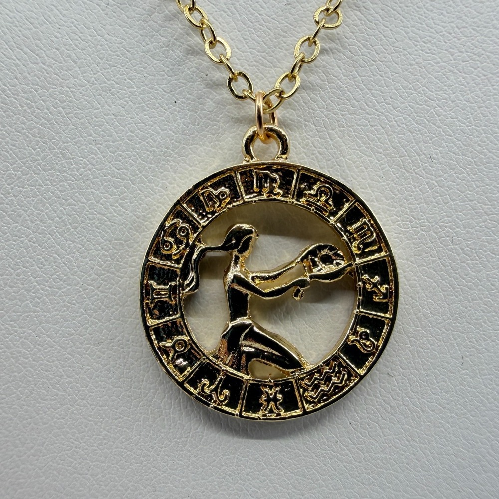 Y2K Gold Tone Aquarius Zodiac Pendant Necklace Astrology Charm Jewelry Gift 90s